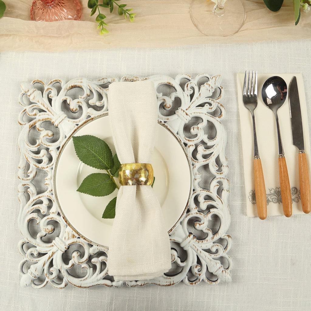 6 - Pack Acrylic Square Charger Plates 12" Antique White with Hollow Lace Border, Event Tabletop Decorative Charger Tableware - Bell Racket Store