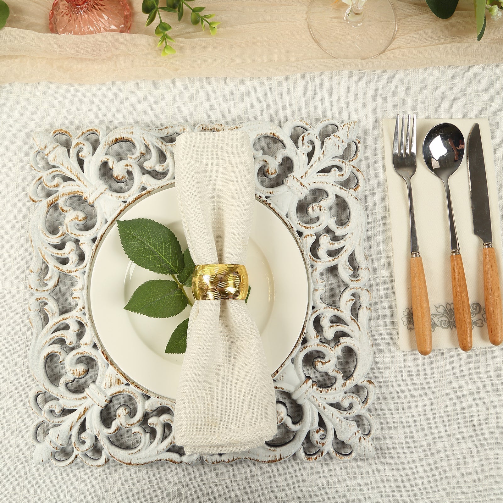 6 - Pack Acrylic Square Charger Plates 12" Antique White with Hollow Lace Border, Event Tabletop Decorative Charger Tableware - Bell Racket Store