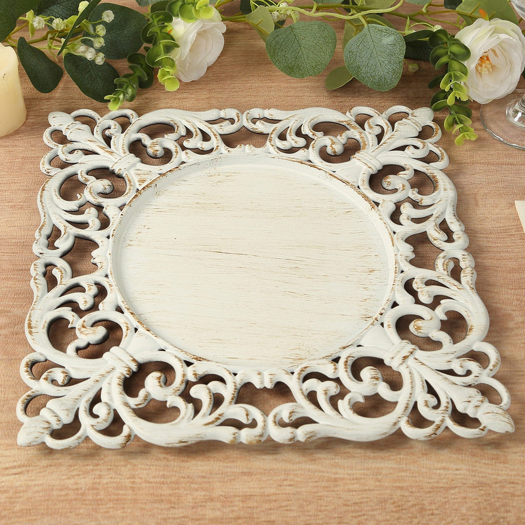 6 - Pack Acrylic Square Charger Plates 12" Antique White with Hollow Lace Border, Event Tabletop Decorative Charger Tableware - Bell Racket Store