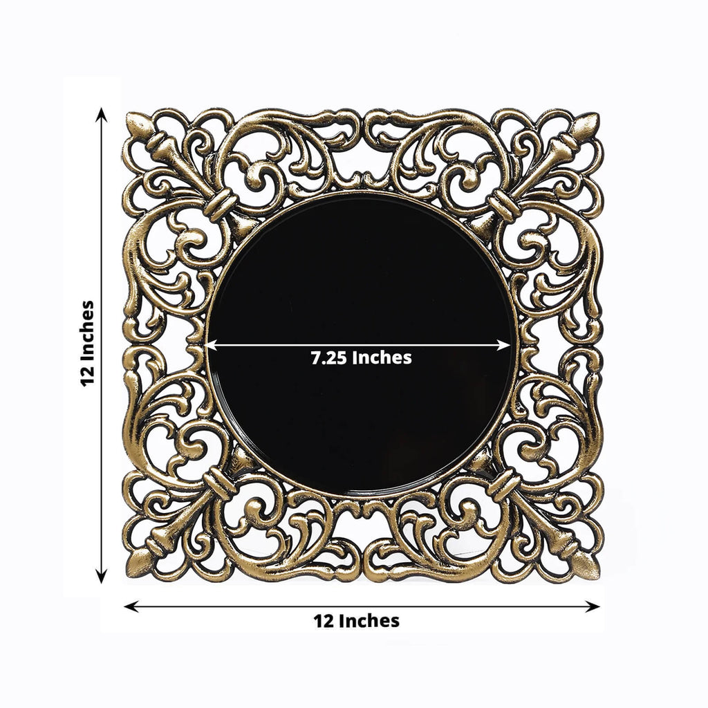6 - Pack Acrylic Square Charger Plates 12" in Black with Antique Gold Hollow Lace Border, Event Tabletop Decorative Charger Tableware - Bell Racket Store