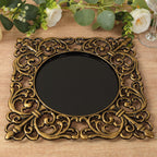 6 - Pack Acrylic Square Charger Plates 12" in Black with Antique Gold Hollow Lace Border, Event Tabletop Decorative Charger Tableware - Bell Racket Store