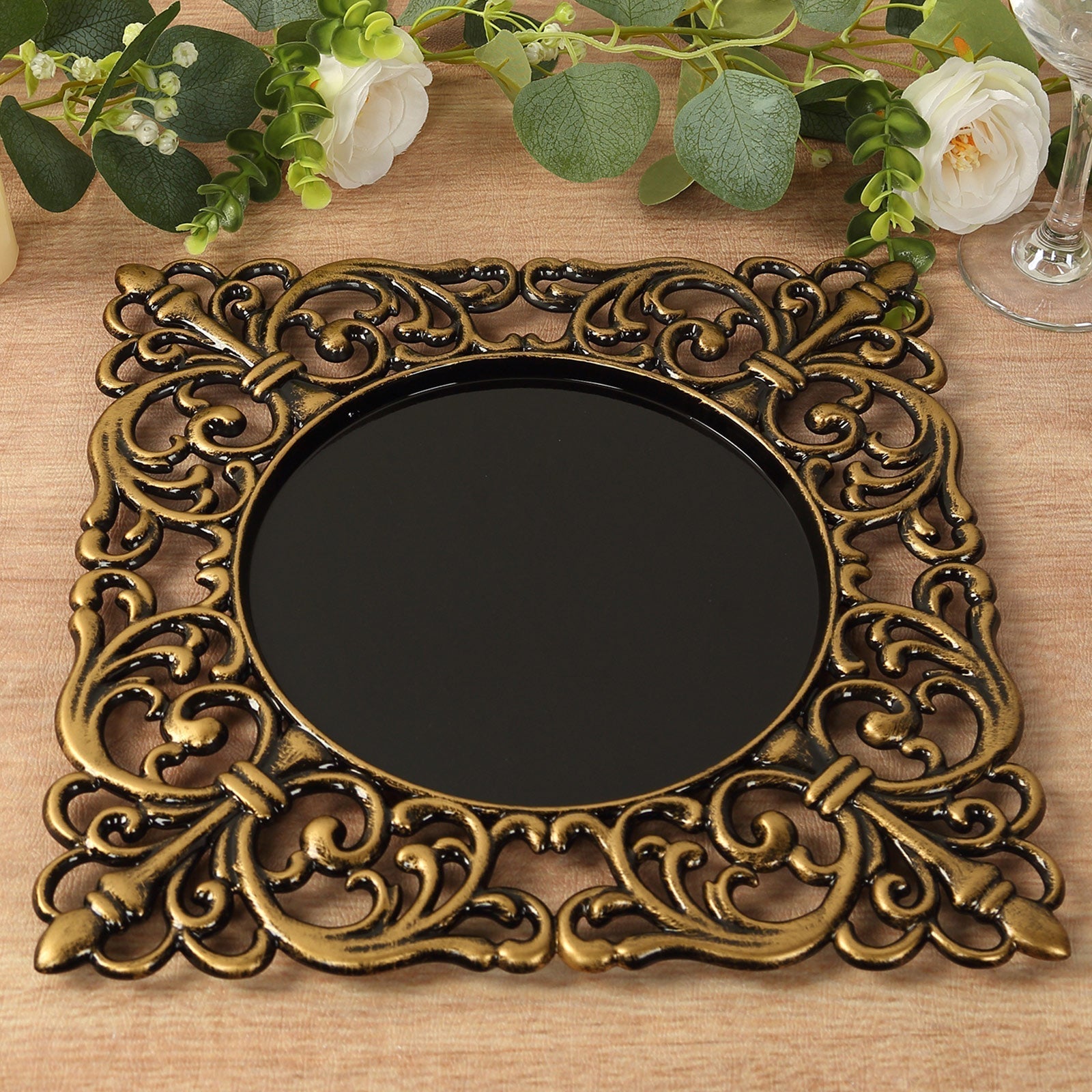 6 - Pack Acrylic Square Charger Plates 12" in Black with Antique Gold Hollow Lace Border, Event Tabletop Decorative Charger Tableware - Bell Racket Store