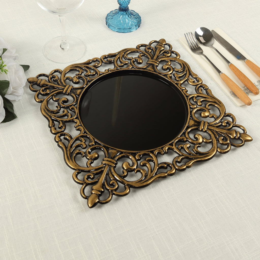 6 - Pack Acrylic Square Charger Plates 12" in Black with Antique Gold Hollow Lace Border, Event Tabletop Decorative Charger Tableware - Bell Racket Store