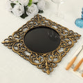 6 - Pack Acrylic Square Charger Plates 12" in Black with Antique Gold Hollow Lace Border, Event Tabletop Decorative Charger Tableware - Bell Racket Store