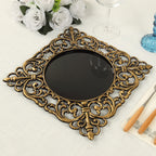 6 - Pack Acrylic Square Charger Plates 12" in Black with Antique Gold Hollow Lace Border, Event Tabletop Decorative Charger Tableware - Bell Racket Store