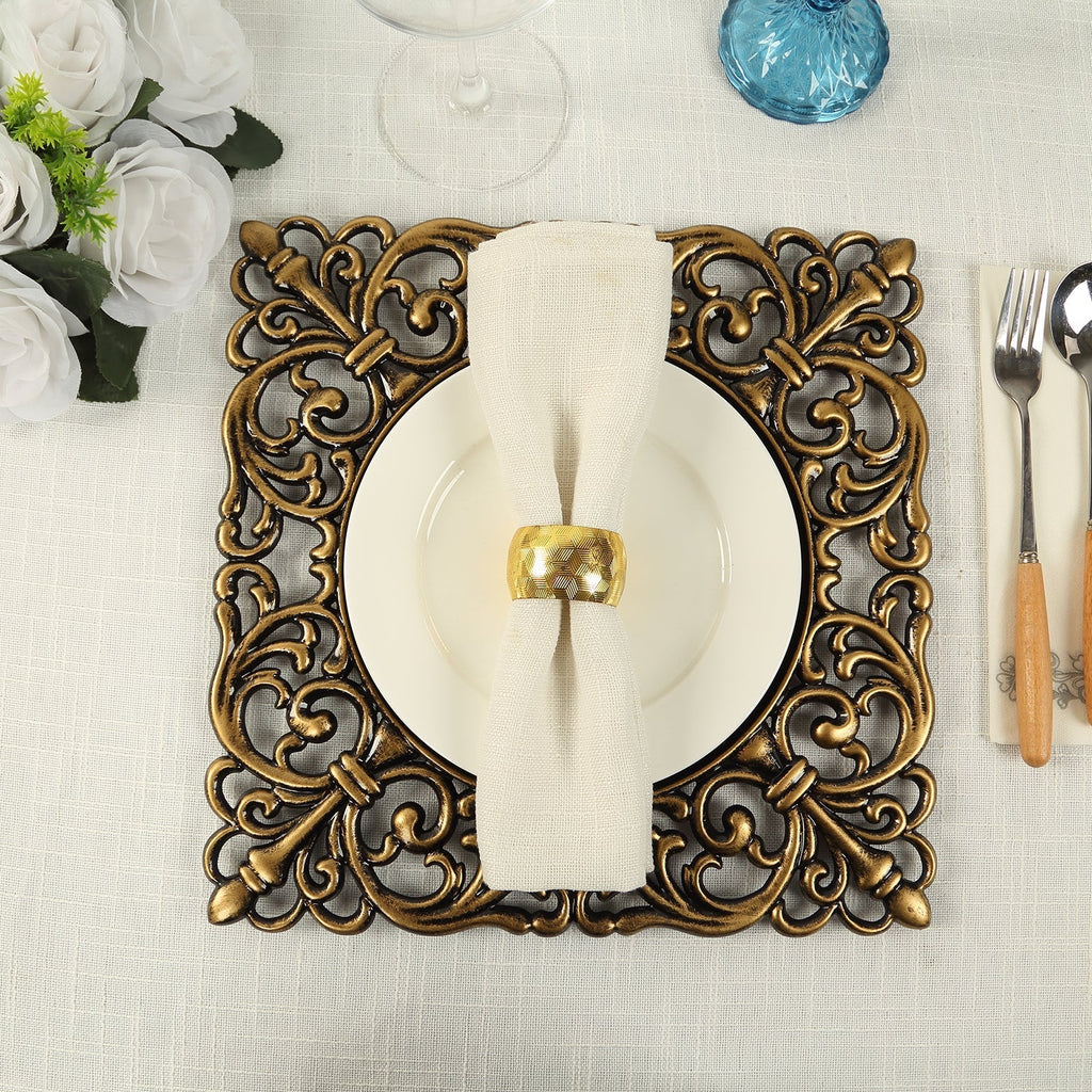 6 - Pack Acrylic Square Charger Plates 12" in Black with Antique Gold Hollow Lace Border, Event Tabletop Decorative Charger Tableware - Bell Racket Store