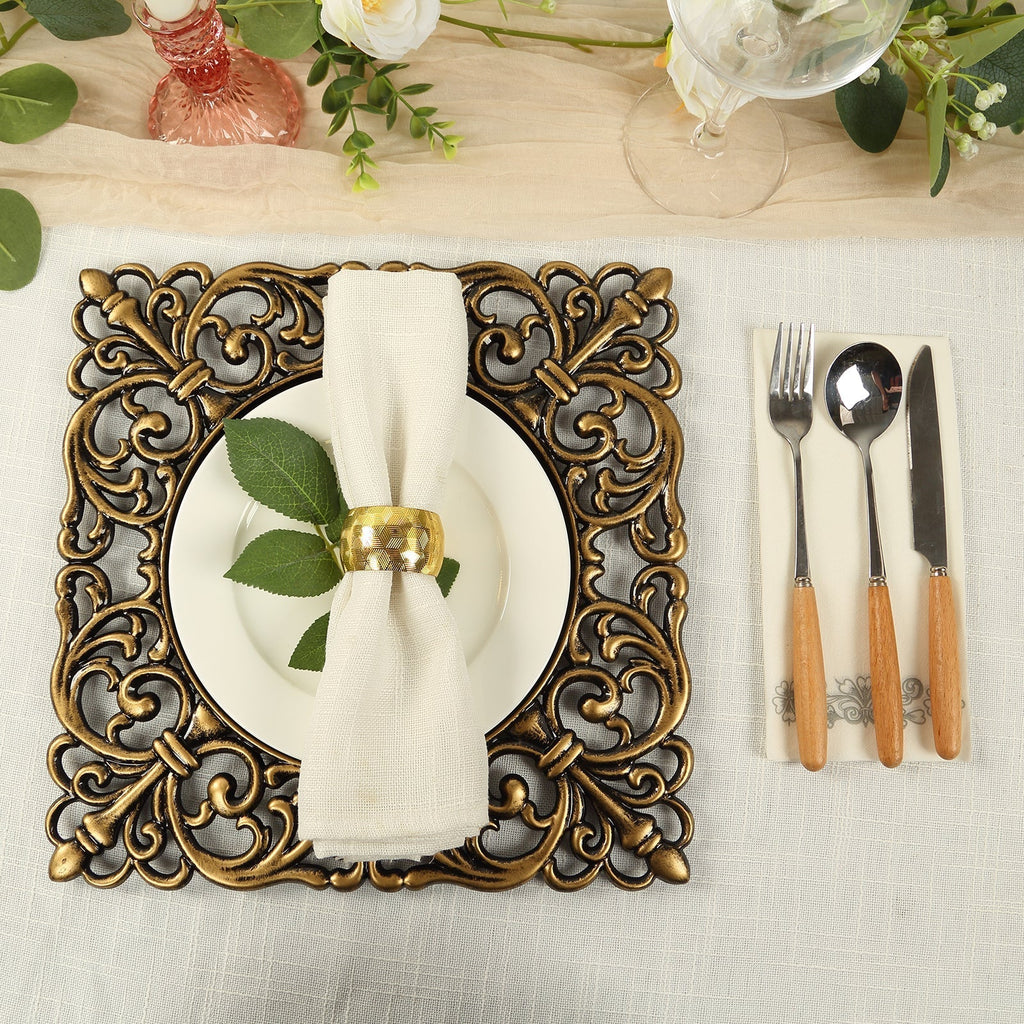 6 - Pack Acrylic Square Charger Plates 12" in Black with Antique Gold Hollow Lace Border, Event Tabletop Decorative Charger Tableware - Bell Racket Store