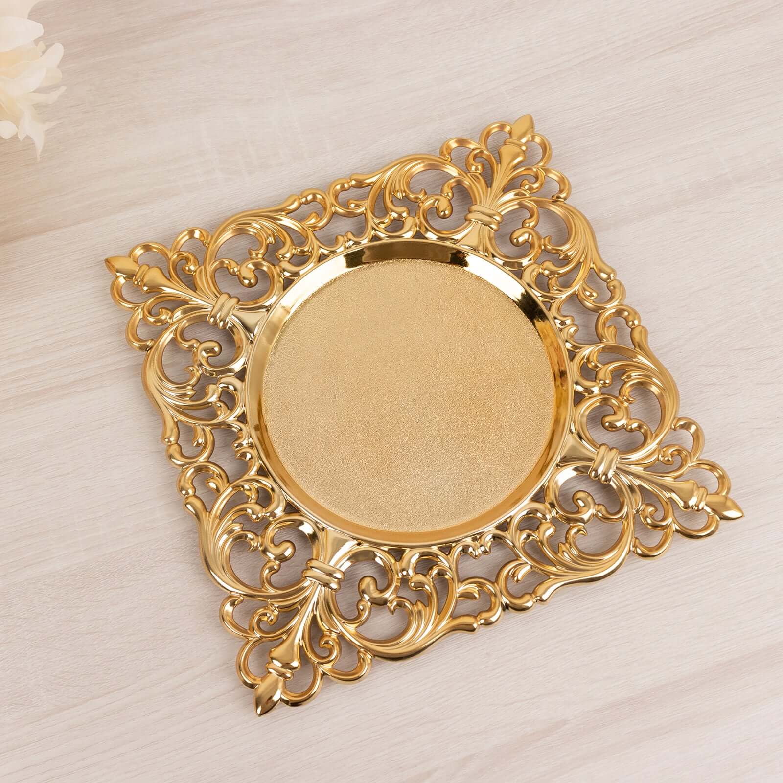 6 - Pack Acrylic Square Charger Plates 12" in Gold with Hollow Lace Border, Event Tabletop Decorative Charger Tableware - Bell Racket Store