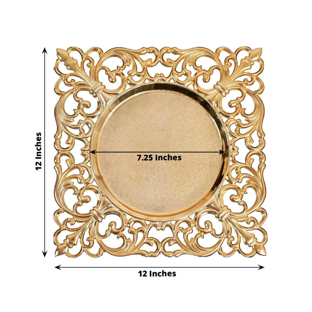 6 - Pack Acrylic Square Charger Plates 12" in Gold with Hollow Lace Border, Event Tabletop Decorative Charger Tableware - Bell Racket Store