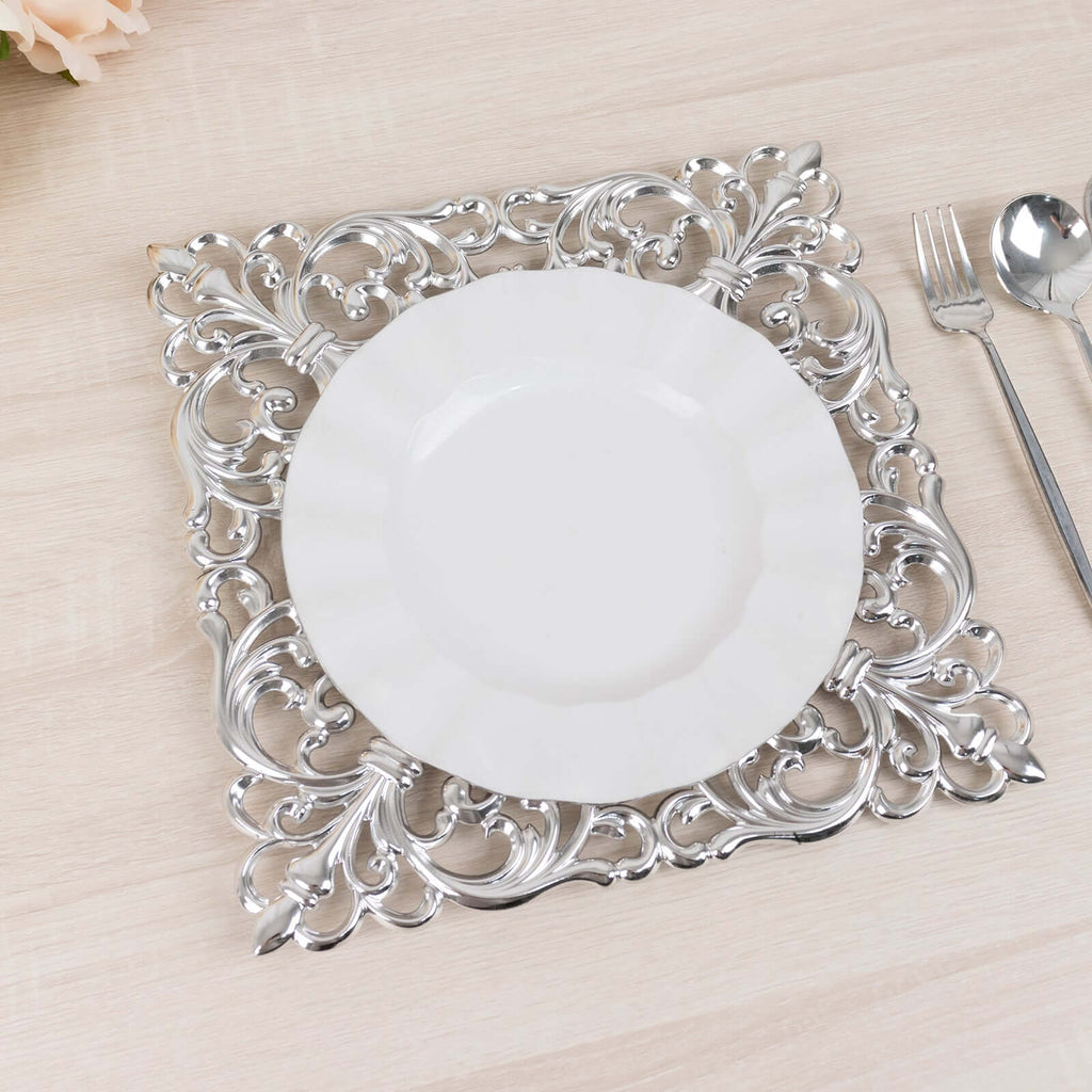 6 - Pack Acrylic Square Charger Plates 12" in Silver with Hollow Lace Border, Event Tabletop Decorative Charger Tableware - Bell Racket Store