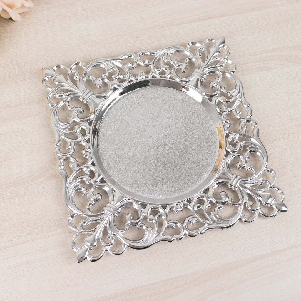 6 - Pack Acrylic Square Charger Plates 12" in Silver with Hollow Lace Border, Event Tabletop Decorative Charger Tableware - Bell Racket Store