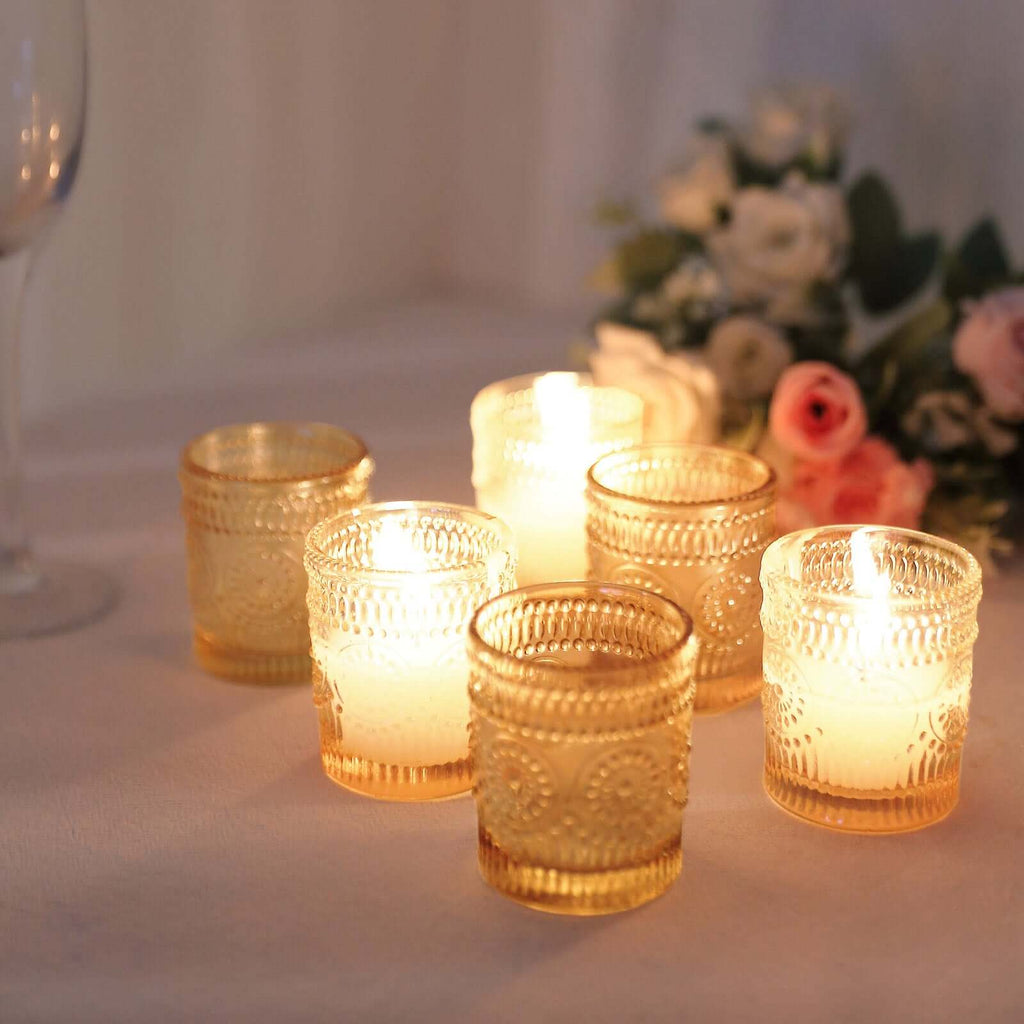 6 - Pack Amber Gold Glass Votive Tealight Holders - Stylish Primrose Design for Weddings & DÃ©cor - Bell Racket Store