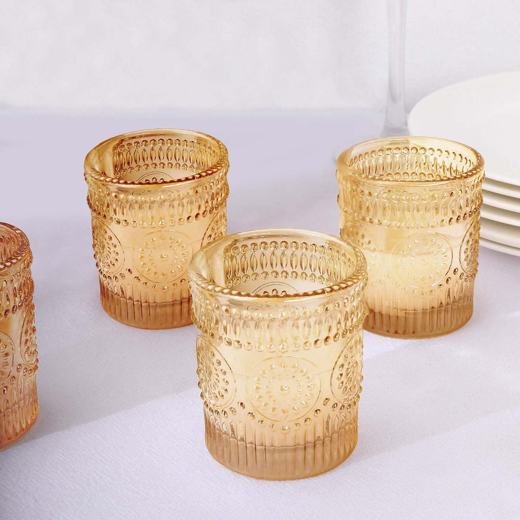 6 - Pack Amber Gold Glass Votive Tealight Holders - Stylish Primrose Design for Weddings & DÃ©cor - Bell Racket Store