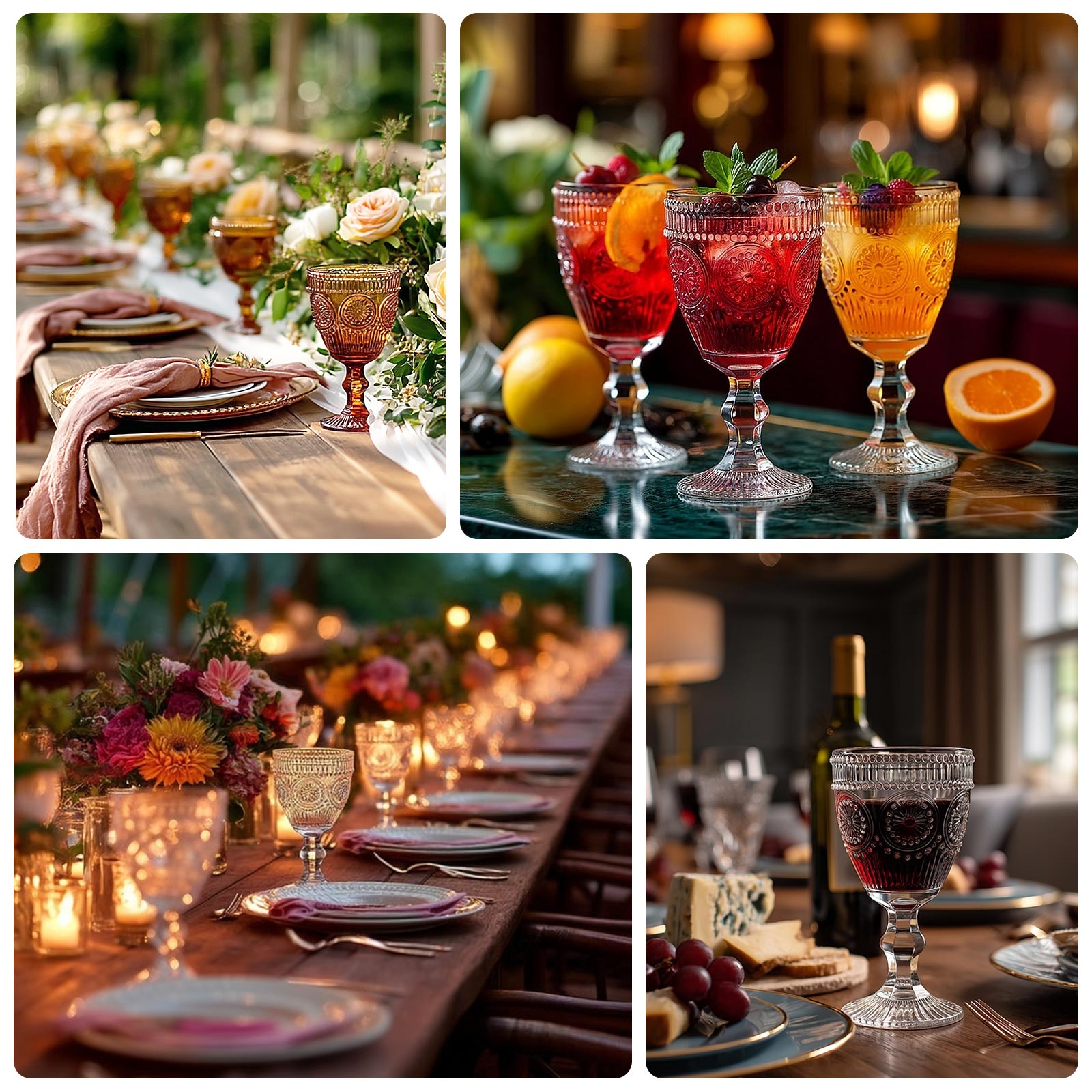 6 - Pack Amber Gold Vintage Goblets 11oz â€“ Embossed Glass Cocktail & Wine Glasses with Floral Design - Bell Racket Store