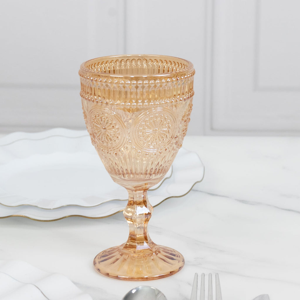 6 - Pack Amber Gold Vintage Goblets 11oz â€“ Embossed Glass Cocktail & Wine Glasses with Floral Design - Bell Racket Store