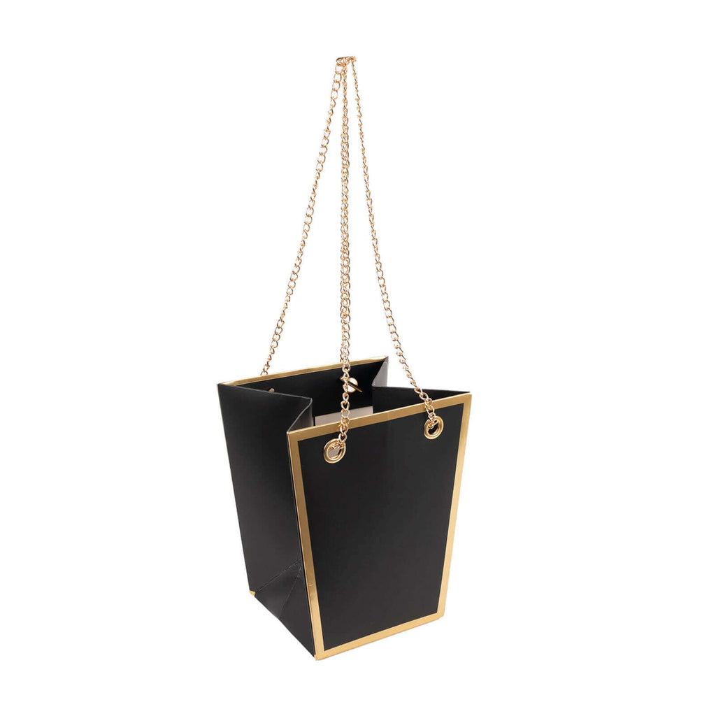 6 Pack Black Gold Edge Paper Flower Gift Bags With Metal Chain Handles, Trapezoid Party Favor Tote Bags - 5"x6" - Bell Racket Store