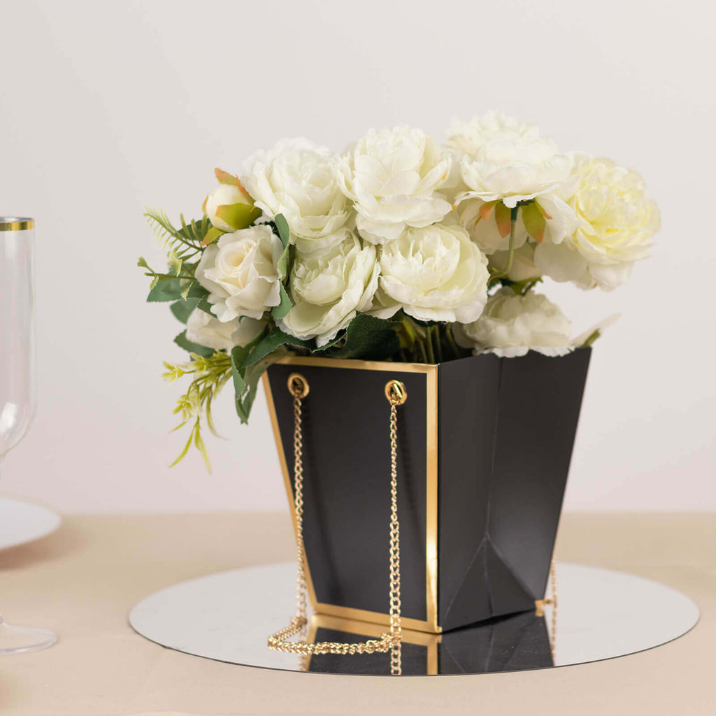 6 Pack Black Gold Edge Paper Flower Gift Bags With Metal Chain Handles, Trapezoid Party Favor Tote Bags - 5"x6" - Bell Racket Store