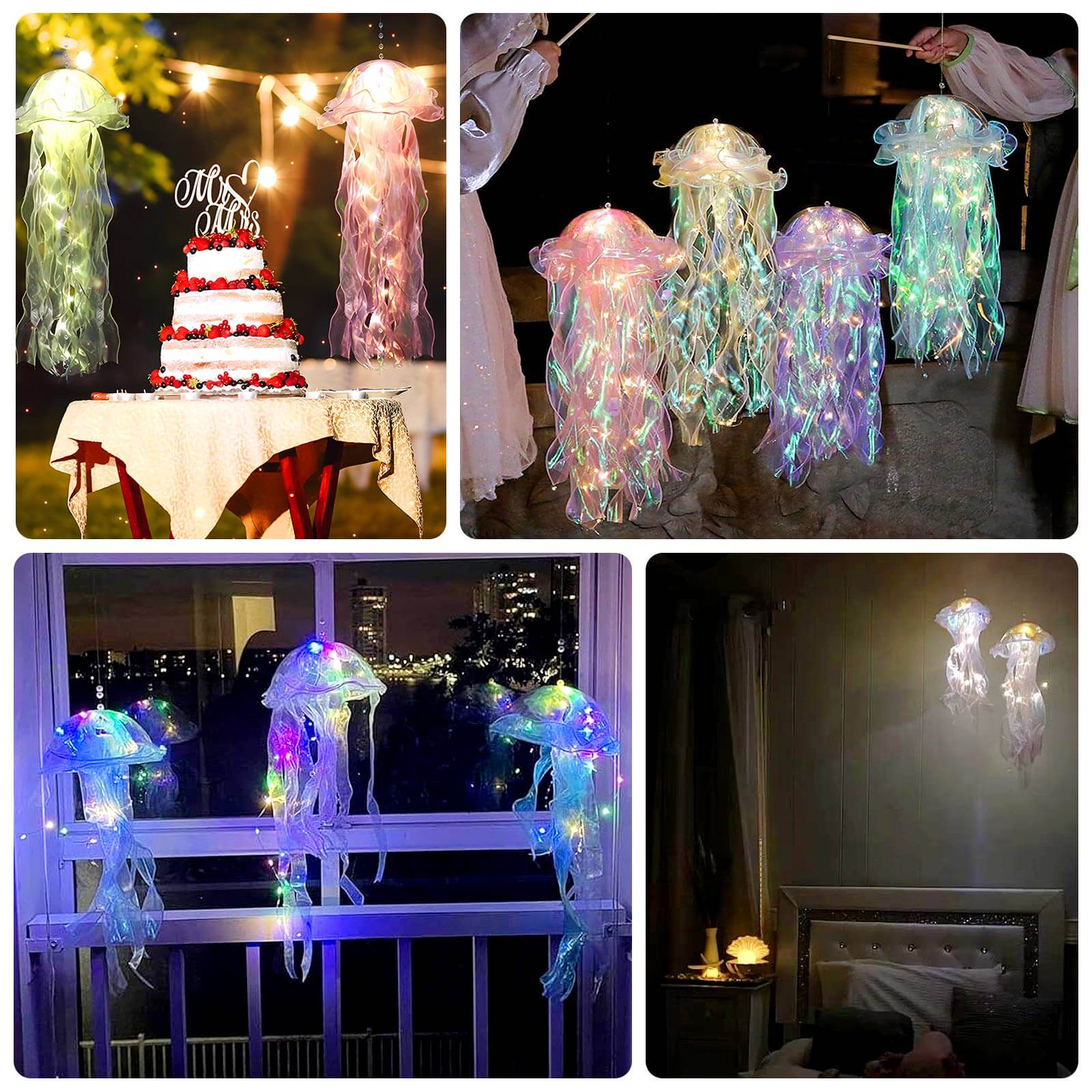 6 Pack Blue Purple Jellyfish Lamp Hanging Lantern Lights, 3 Flashing Modes Organza Ribbon Jelly Fish LED Lights Mermaid Theme Party Decor - 17" - Bell Racket Store