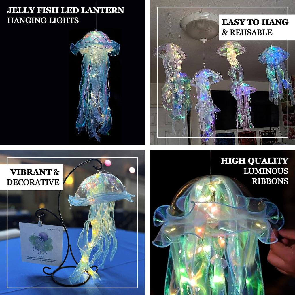 6 Pack Blue Purple Jellyfish Lamp Hanging Lantern Lights, 3 Flashing Modes Organza Ribbon Jelly Fish LED Lights Mermaid Theme Party Decor - 17" - Bell Racket Store