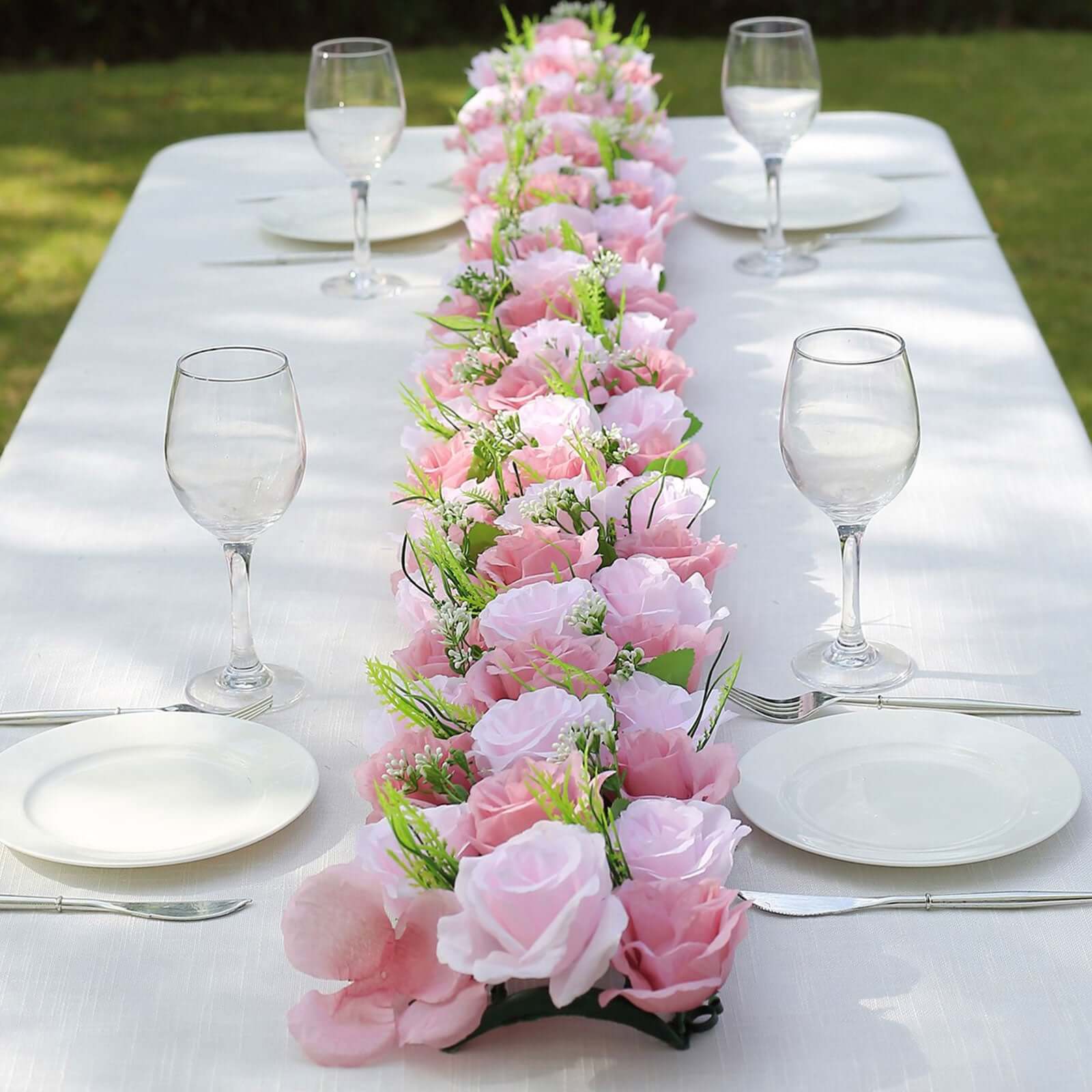 6 Pack Blush Dusty Rose Silk Flower Panel Table Runner, Artificial Floral Arrangements Wedding Table Centerpiece - 20"x8" - Bell Racket Store