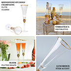 6 - Pack Champagne Flute Glasses Clear Gold Rim Design with Studded Rhinestones - Long Stem Crystal Glassware for Wine & Events 6oz 11" - Bell Racket Store