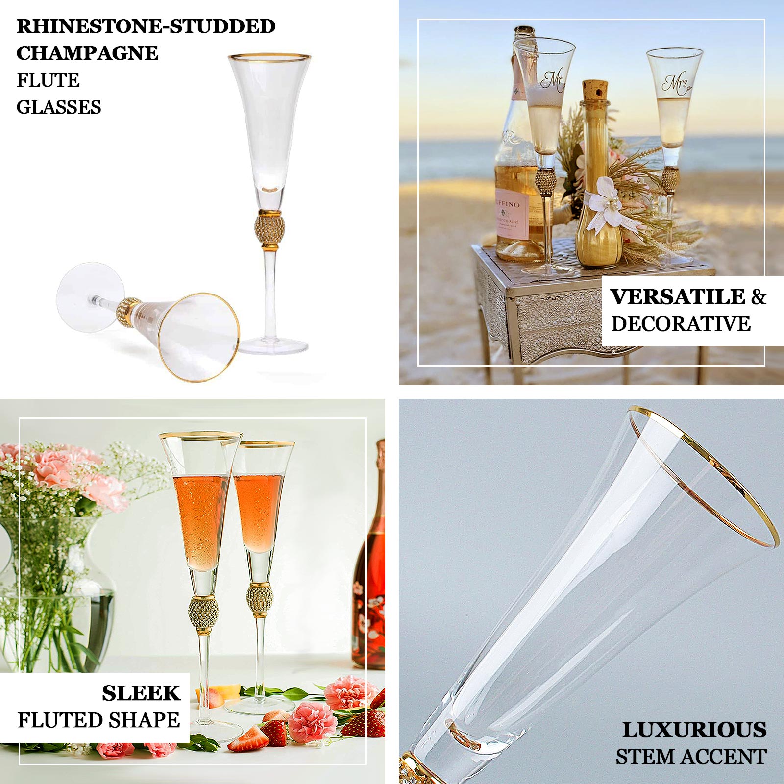 6 - Pack Champagne Flute Glasses Clear Gold Rim Design with Studded Rhinestones - Long Stem Crystal Glassware for Wine & Events 6oz 11" - Bell Racket Store