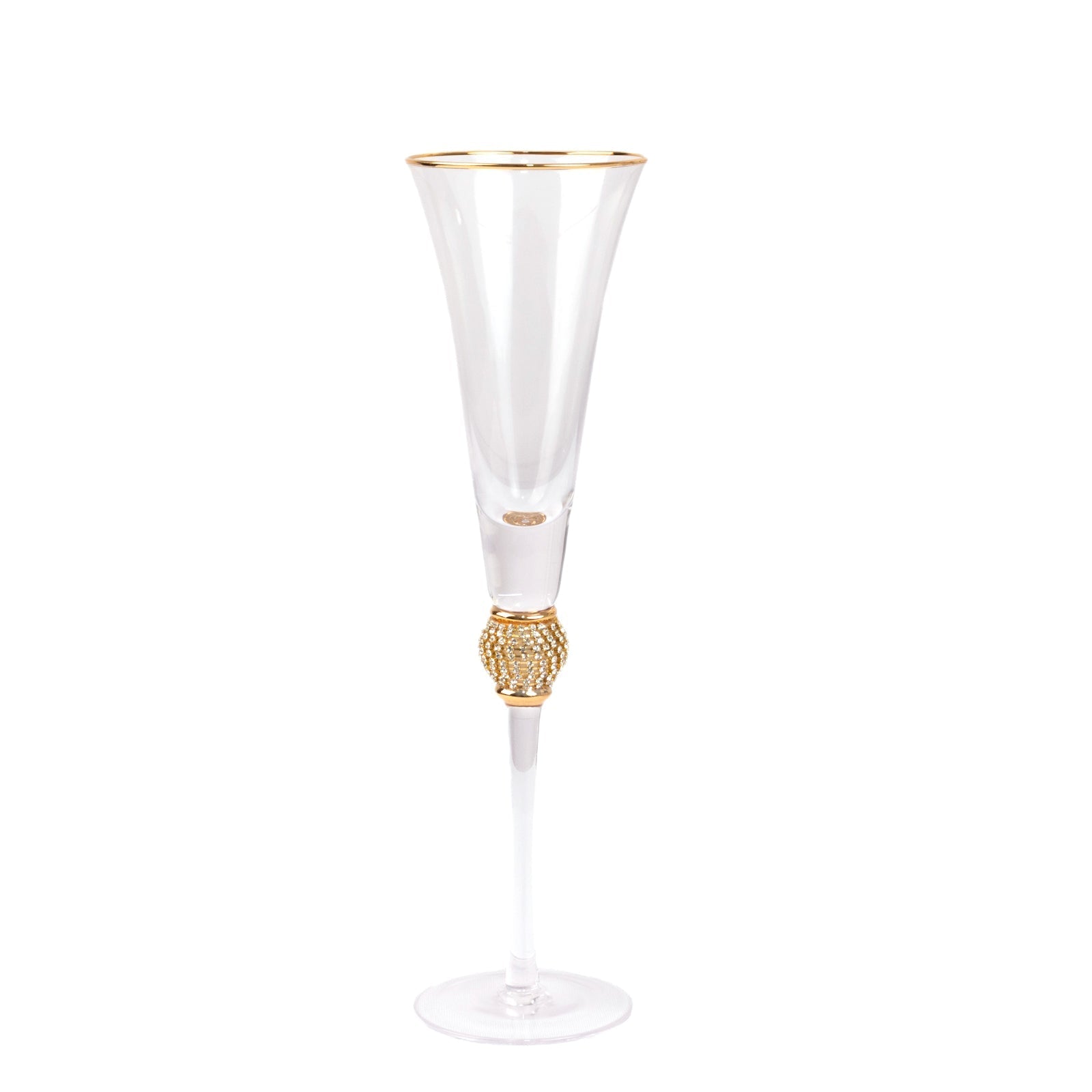 6 - Pack Champagne Flute Glasses Clear Gold Rim Design with Studded Rhinestones - Long Stem Crystal Glassware for Wine & Events 6oz 11" - Bell Racket Store