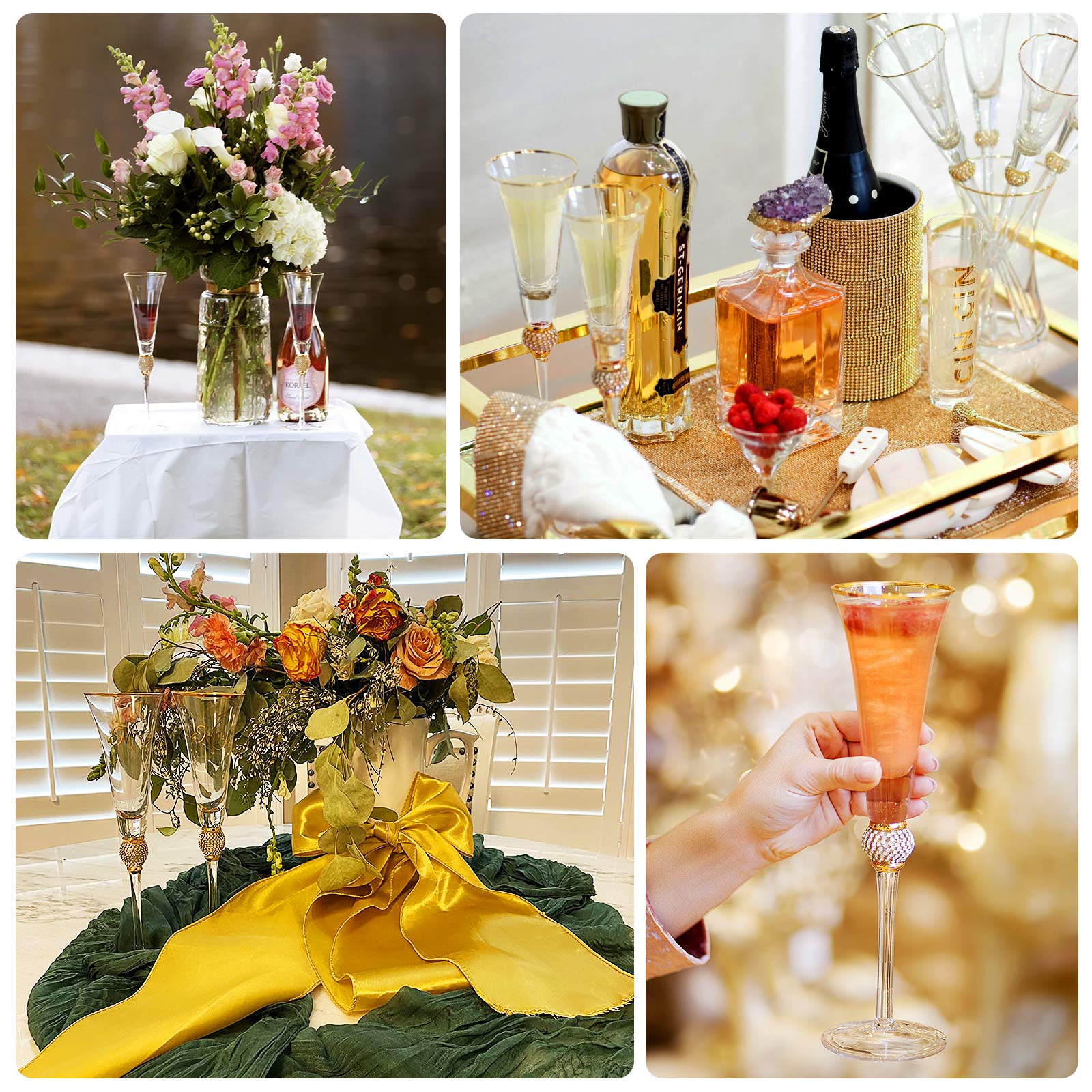 6 - Pack Champagne Flute Glasses Clear Gold Rim Design with Studded Rhinestones - Long Stem Crystal Glassware for Wine & Events 6oz 11" - Bell Racket Store