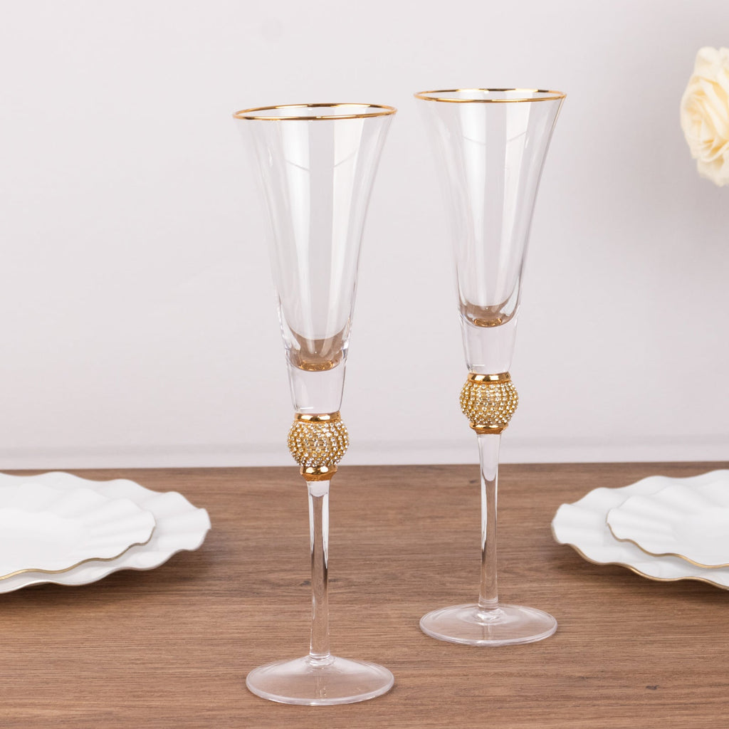 6 - Pack Champagne Flute Glasses Clear Gold Rim Design with Studded Rhinestones - Long Stem Crystal Glassware for Wine & Events 6oz 11" - Bell Racket Store
