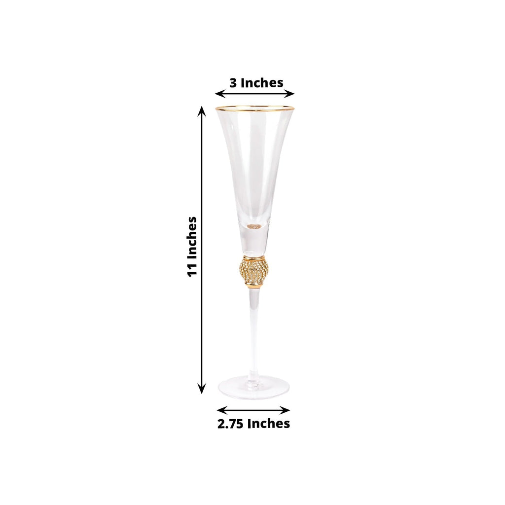 6 - Pack Champagne Flute Glasses Clear Gold Rim Design with Studded Rhinestones - Long Stem Crystal Glassware for Wine & Events 6oz 11" - Bell Racket Store