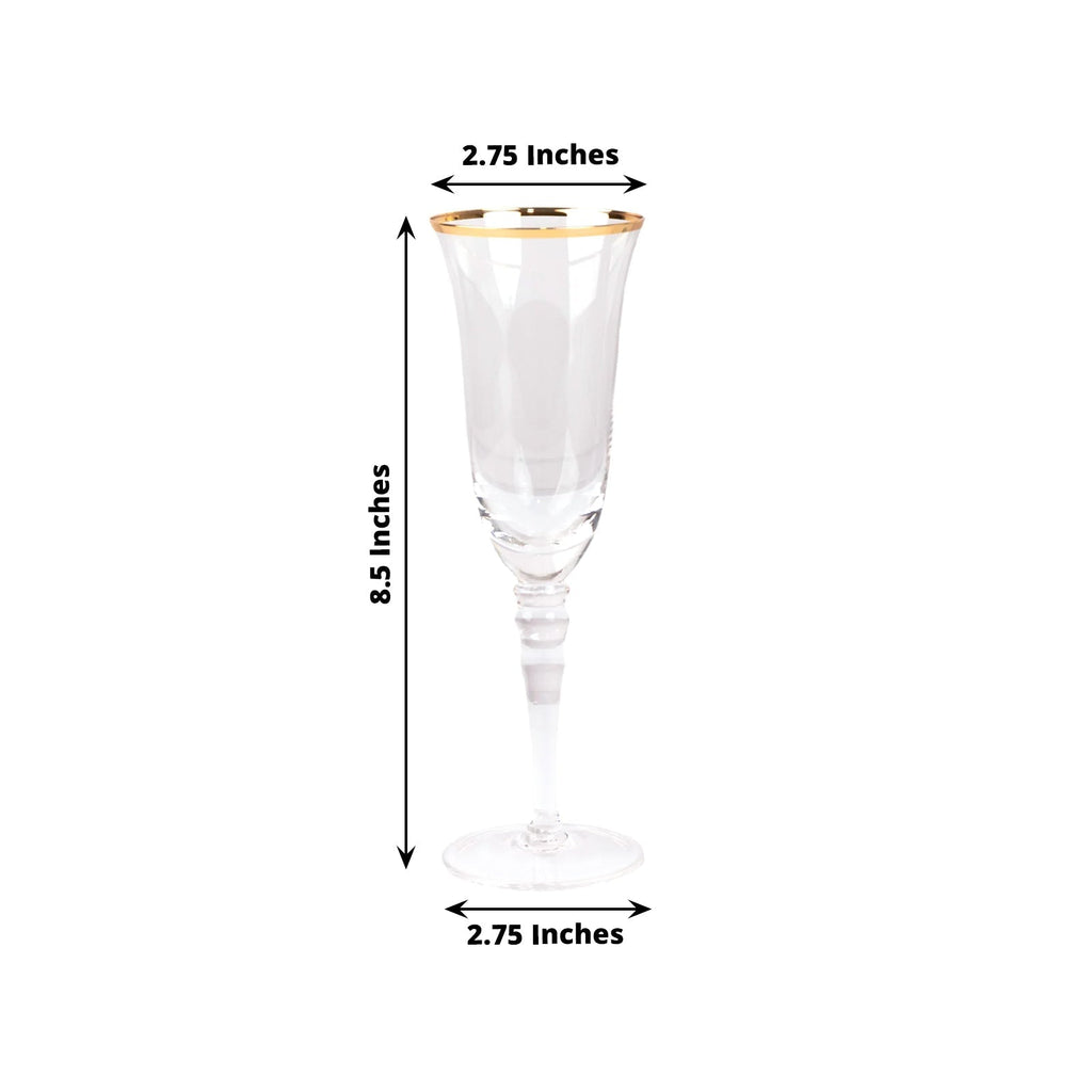 6 - Pack Champagne Flute Glasses Clear Gold Rimmed Design with Long Beaded Stem - Chic Crystal Glassware for Wine & Events 6oz 8.5" - Bell Racket Store