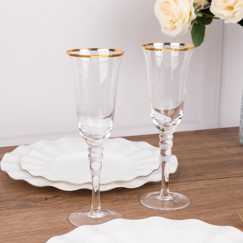 6 - Pack Champagne Flute Glasses Clear Gold Rimmed Design with Long Beaded Stem - Chic Crystal Glassware for Wine & Events 6oz 8.5" - Bell Racket Store