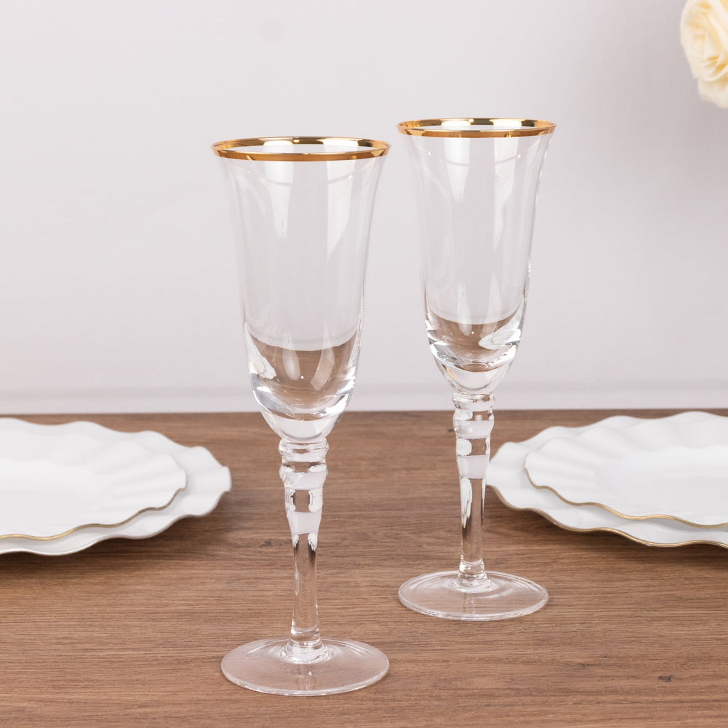 6 - Pack Champagne Flute Glasses Clear Gold Rimmed Design with Long Beaded Stem - Chic Crystal Glassware for Wine & Events 6oz 8.5" - Bell Racket Store