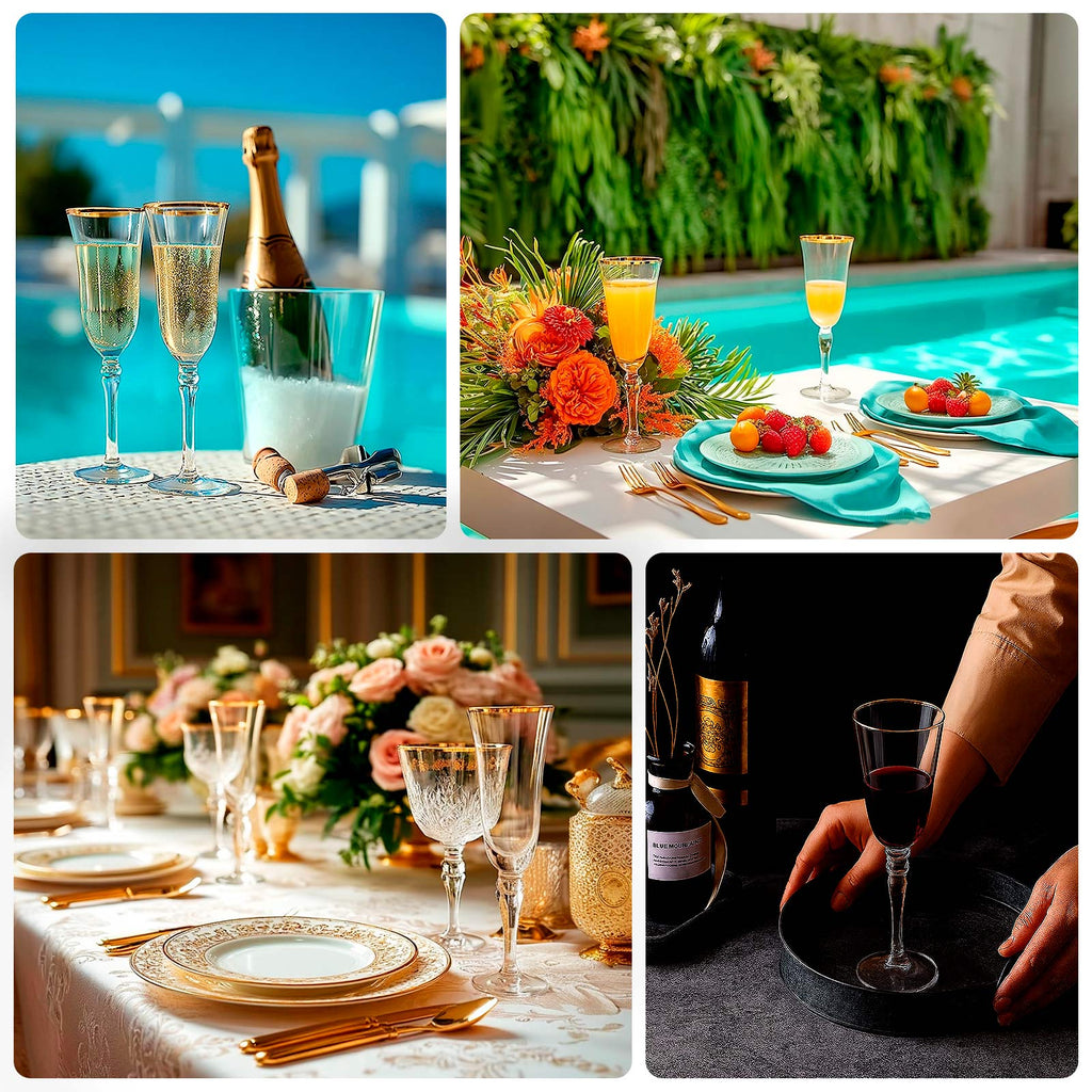 6 - Pack Champagne Flute Glasses Clear Gold Rimmed Design with Long Beaded Stem - Chic Crystal Glassware for Wine & Events 6oz 8.5" - Bell Racket Store