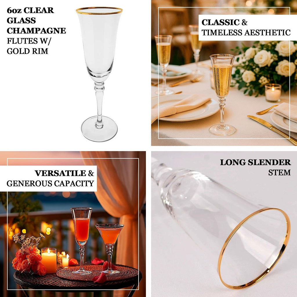 6 - Pack Champagne Flute Glasses Clear Gold Rimmed Design with Long Beaded Stem - Chic Crystal Glassware for Wine & Events 6oz 8.5" - Bell Racket Store