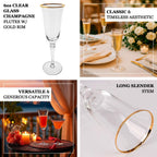 6 - Pack Champagne Flute Glasses Clear Gold Rimmed Design with Long Beaded Stem - Chic Crystal Glassware for Wine & Events 6oz 8.5" - Bell Racket Store