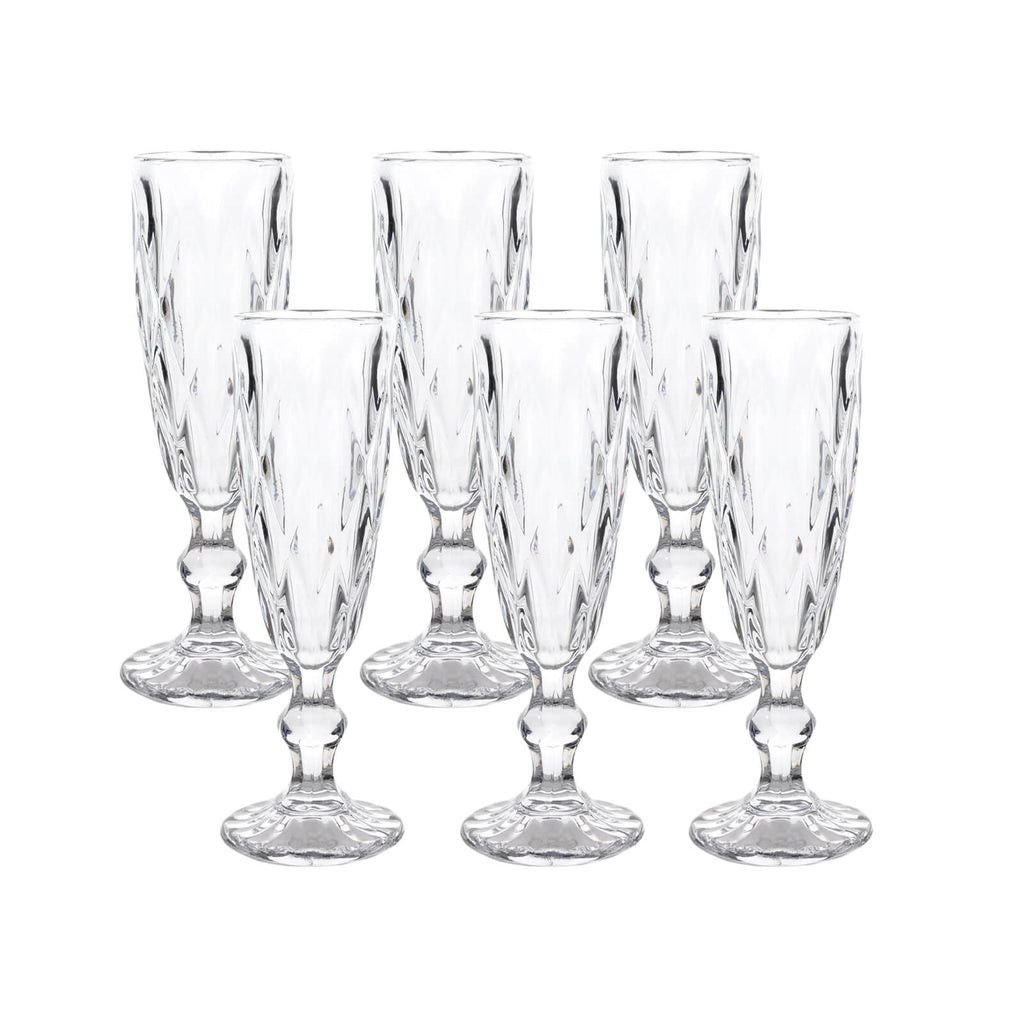 6 - Pack Champagne Flute Glasses Clear Textured Crystal Cut Design - Chic Wine Goblets for Parties & Events 6oz 8" - Bell Racket Store