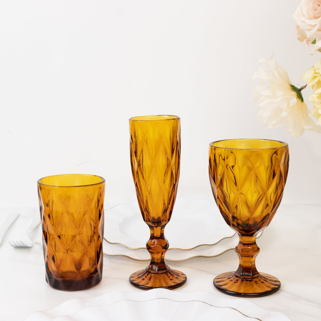6 - Pack Champagne Flute Glasses Transparent Amber Gold Textured Crystal Cut Design - Chic Wine Goblets for Parties & Events 6oz 8" - Bell Racket Store
