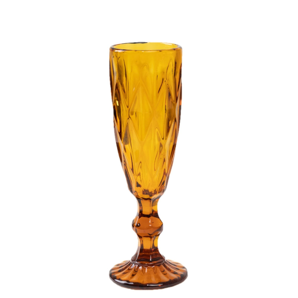 6 - Pack Champagne Flute Glasses Transparent Amber Gold Textured Crystal Cut Design - Chic Wine Goblets for Parties & Events 6oz 8" - Bell Racket Store