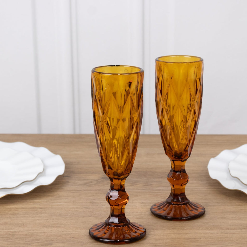 6 - Pack Champagne Flute Glasses Transparent Amber Gold Textured Crystal Cut Design - Chic Wine Goblets for Parties & Events 6oz 8" - Bell Racket Store