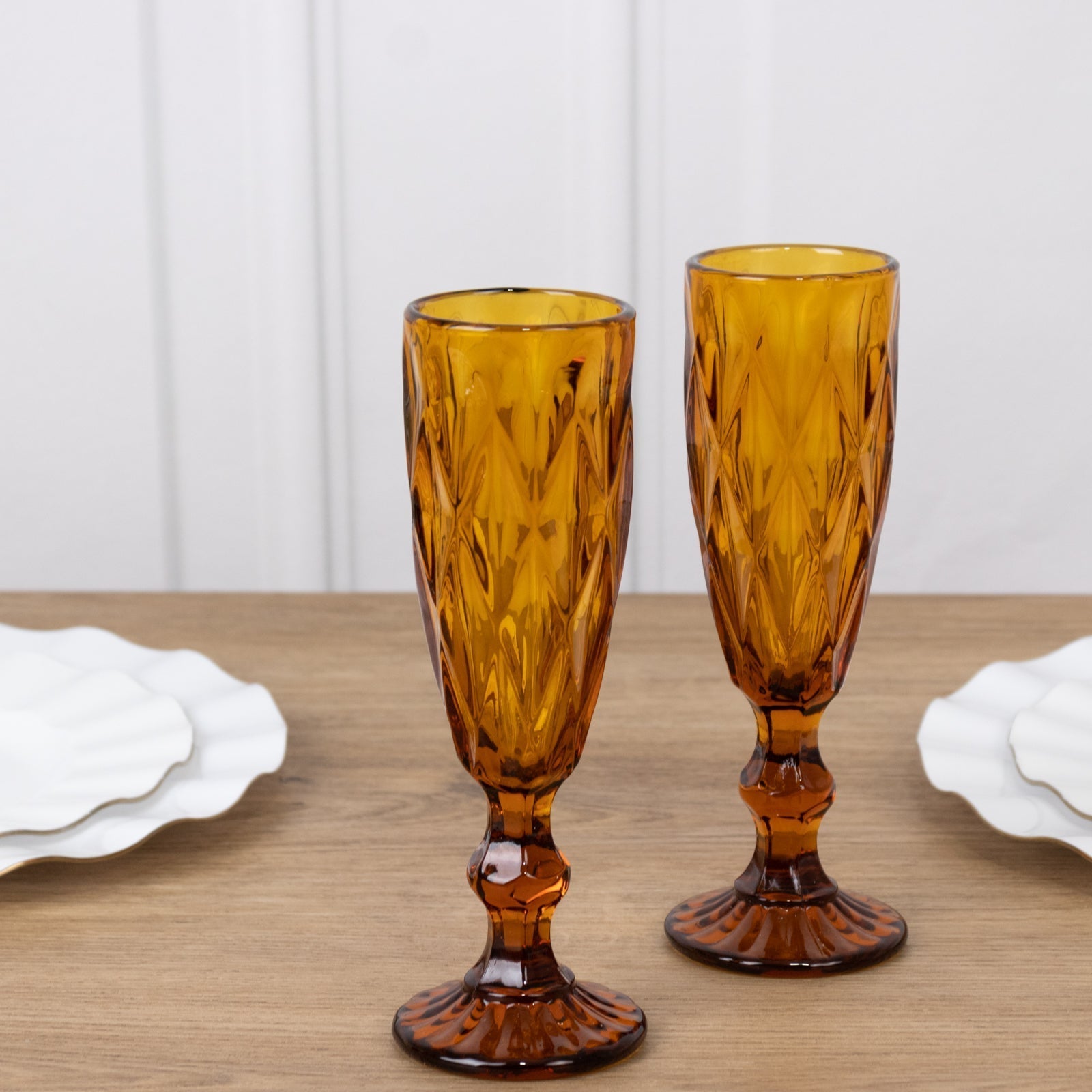 6 - Pack Champagne Flute Glasses Transparent Amber Gold Textured Crystal Cut Design - Chic Wine Goblets for Parties & Events 6oz 8" - Bell Racket Store