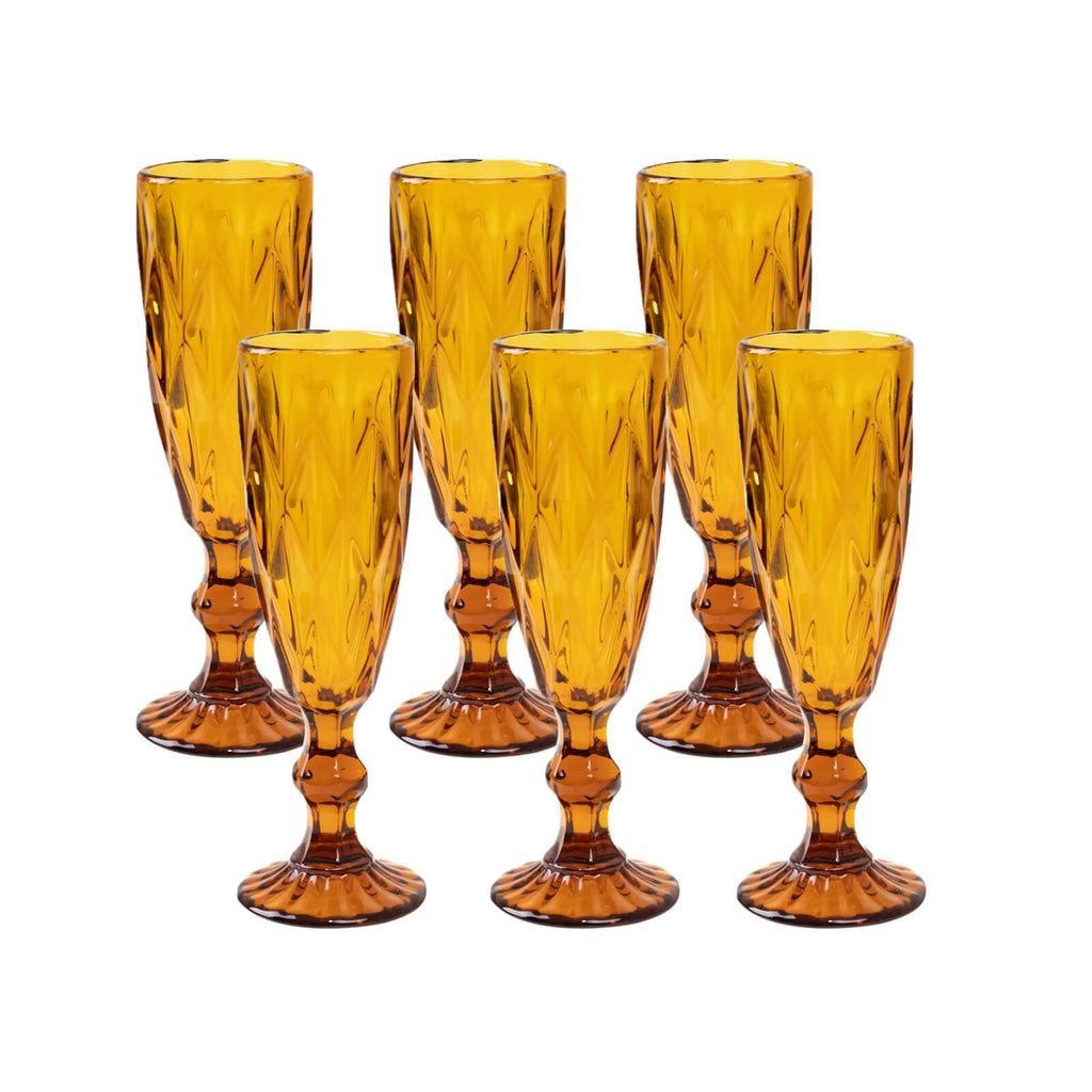 6 - Pack Champagne Flute Glasses Transparent Amber Gold Textured Crystal Cut Design - Chic Wine Goblets for Parties & Events 6oz 8" - Bell Racket Store