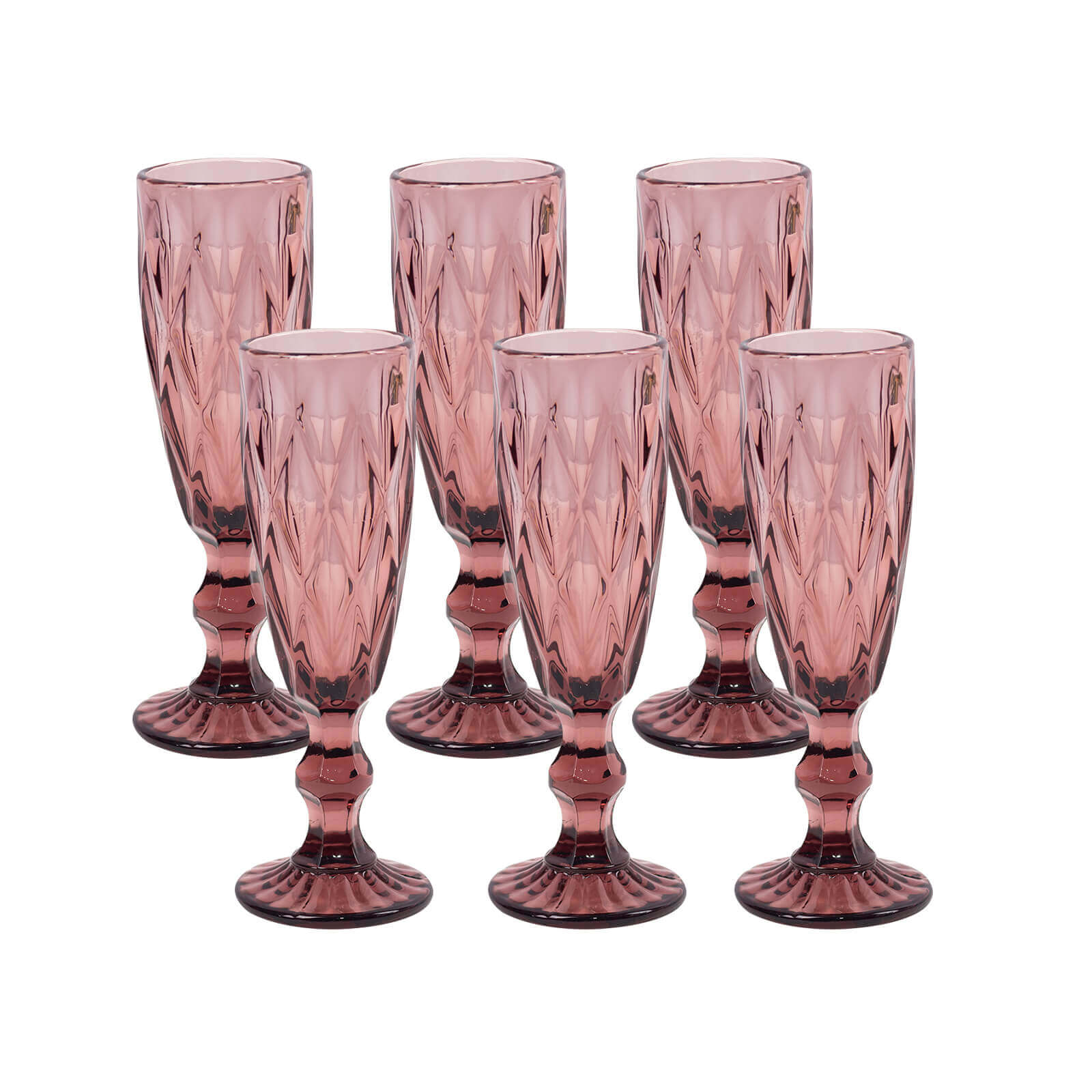 6 - Pack Champagne Flute Glasses Transparent Dusty Rose Textured Crystal Cut Design - Chic Wine Goblets for Parties & Events 6oz 8" - Bell Racket Store