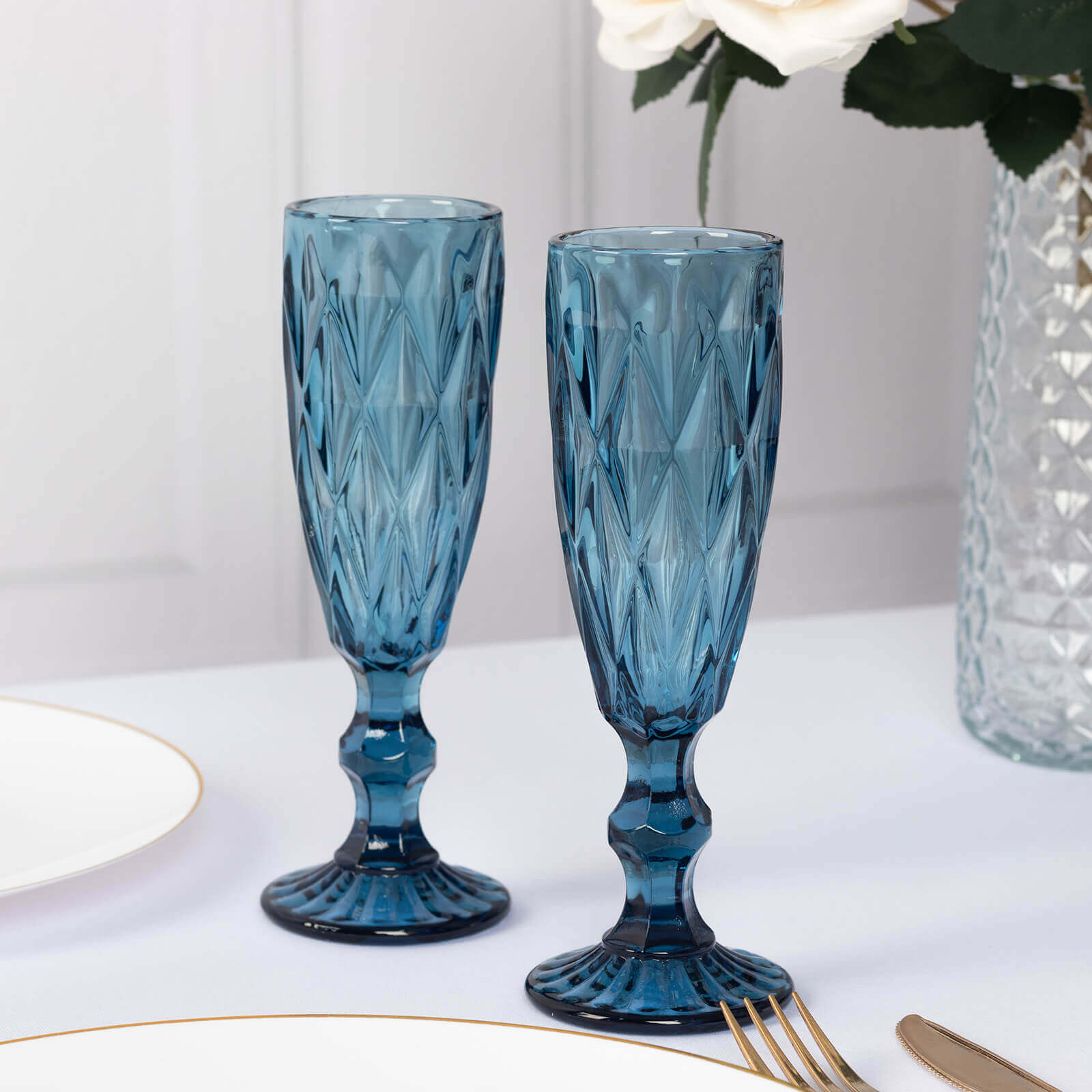 6 - Pack Champagne Flute Glasses Transparent Ocean Blue Textured Crystal Cut Design - Chic Wine Goblets for Parties & Events 6oz 8" - Bell Racket Store