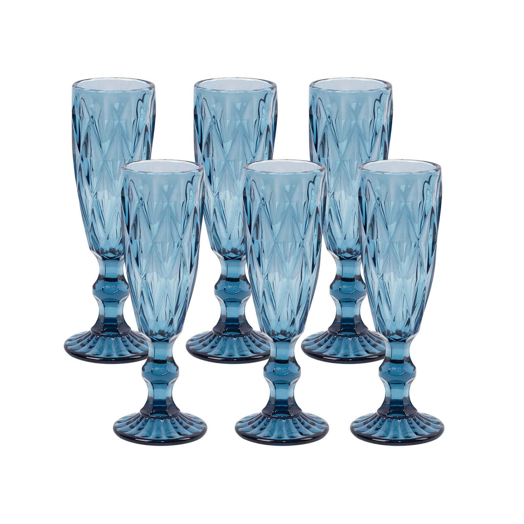 6 - Pack Champagne Flute Glasses Transparent Ocean Blue Textured Crystal Cut Design - Chic Wine Goblets for Parties & Events 6oz 8" - Bell Racket Store
