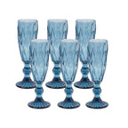 6 - Pack Champagne Flute Glasses Transparent Ocean Blue Textured Crystal Cut Design - Chic Wine Goblets for Parties & Events 6oz 8" - Bell Racket Store