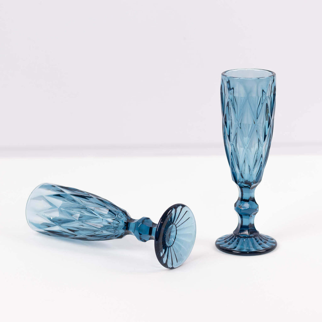 6 - Pack Champagne Flute Glasses Transparent Ocean Blue Textured Crystal Cut Design - Chic Wine Goblets for Parties & Events 6oz 8" - Bell Racket Store