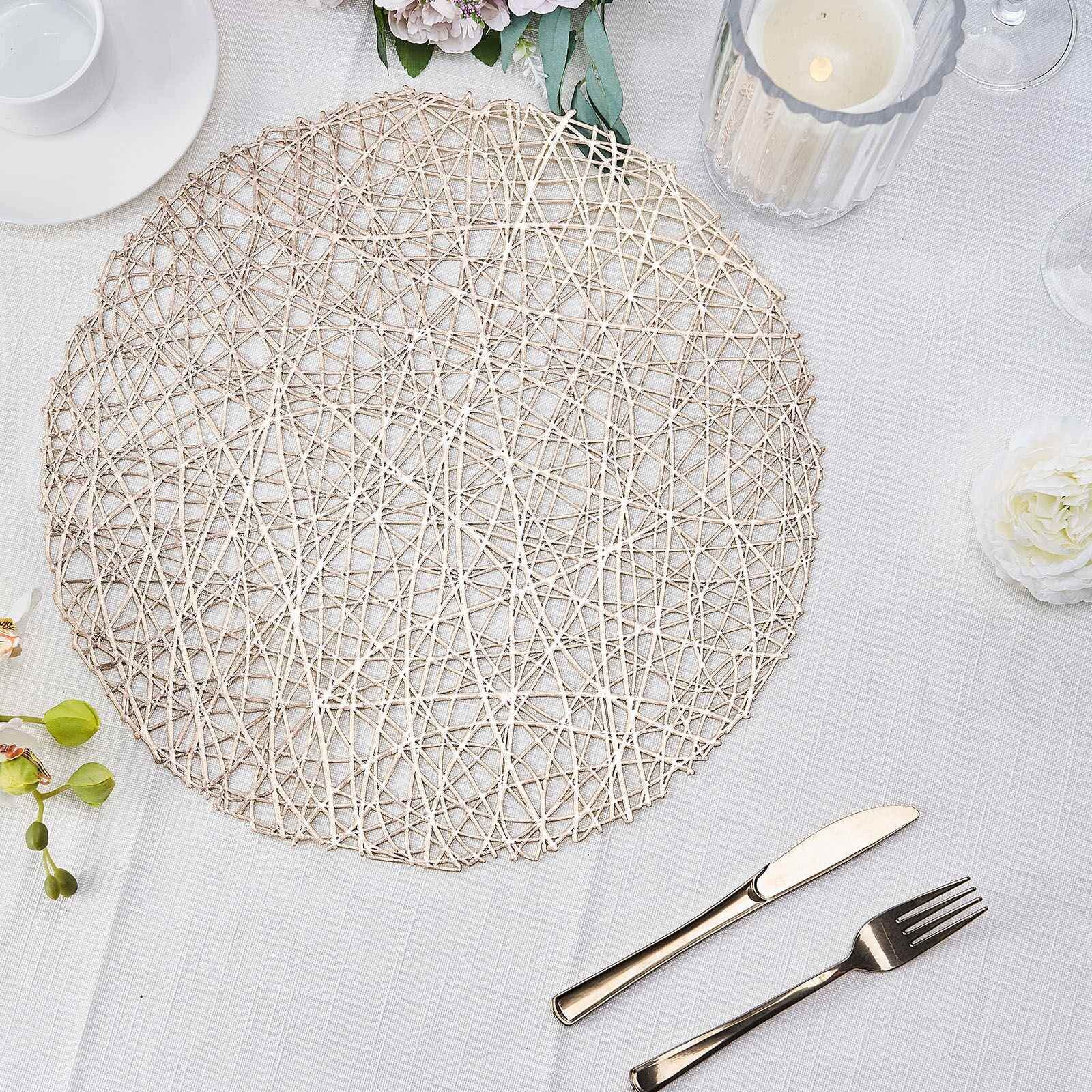 6-Pack Vinyl Placemats Champagne Woven Design - Durable Non-Slip Round Table Mats for Dining 15"