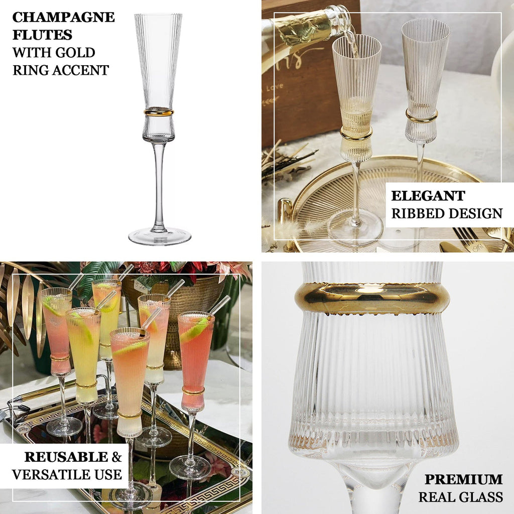 6 - Pack Clear Champagne Flutes â€“ 6oz Real Glass, Ribbed Stemware with Gold Ring Accent, Elegant Toasting Glasses for Weddings, Parties & Celebrations â€“ 10" Tall - Bell Racket Store