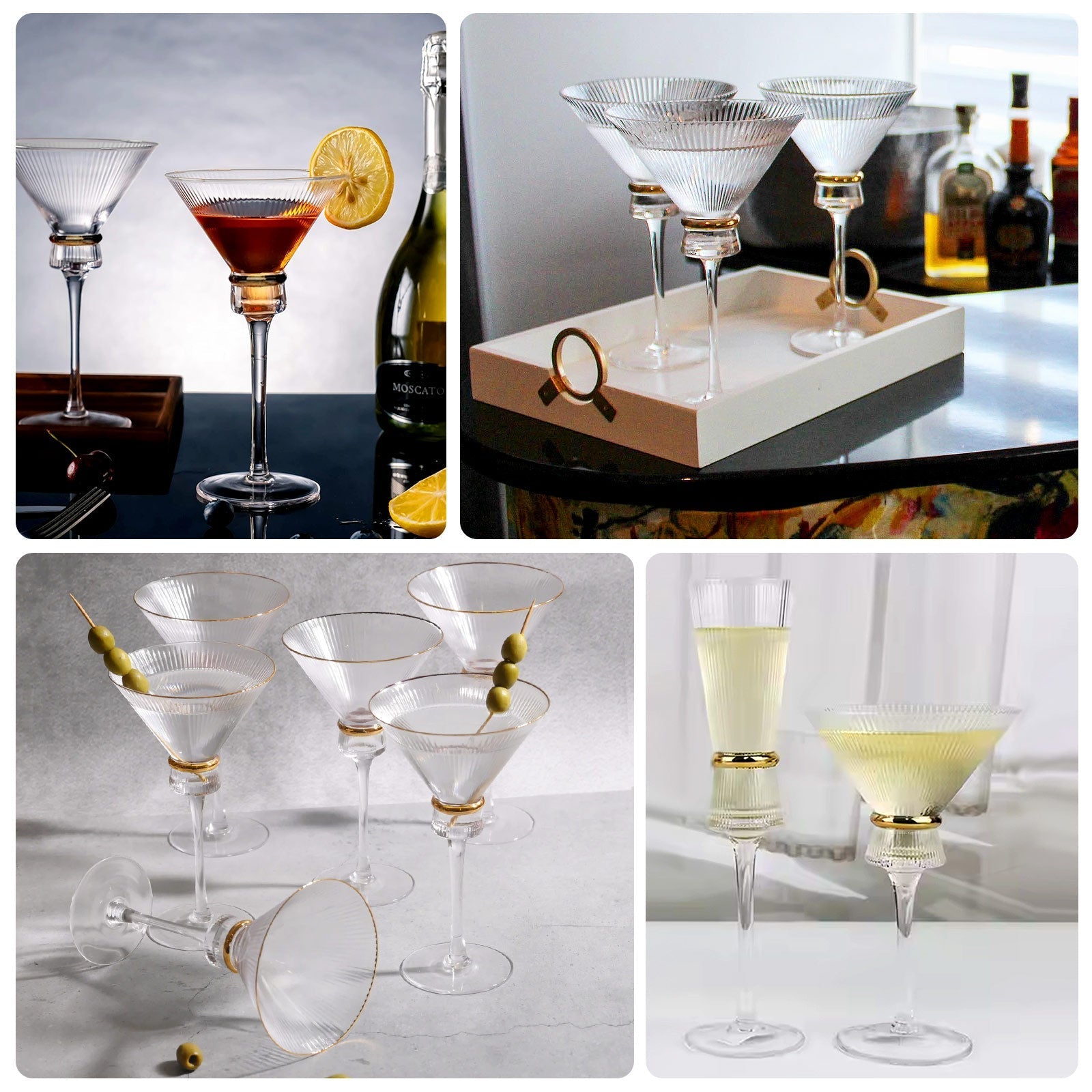 6 - Pack Clear Martini Glasses â€“ 10oz Real Glass, Ribbed Design with Gold Ring Accent, Elegant Cocktail Glasses for Martinis & Cosmopolitans â€“ 8" Tall - Bell Racket Store